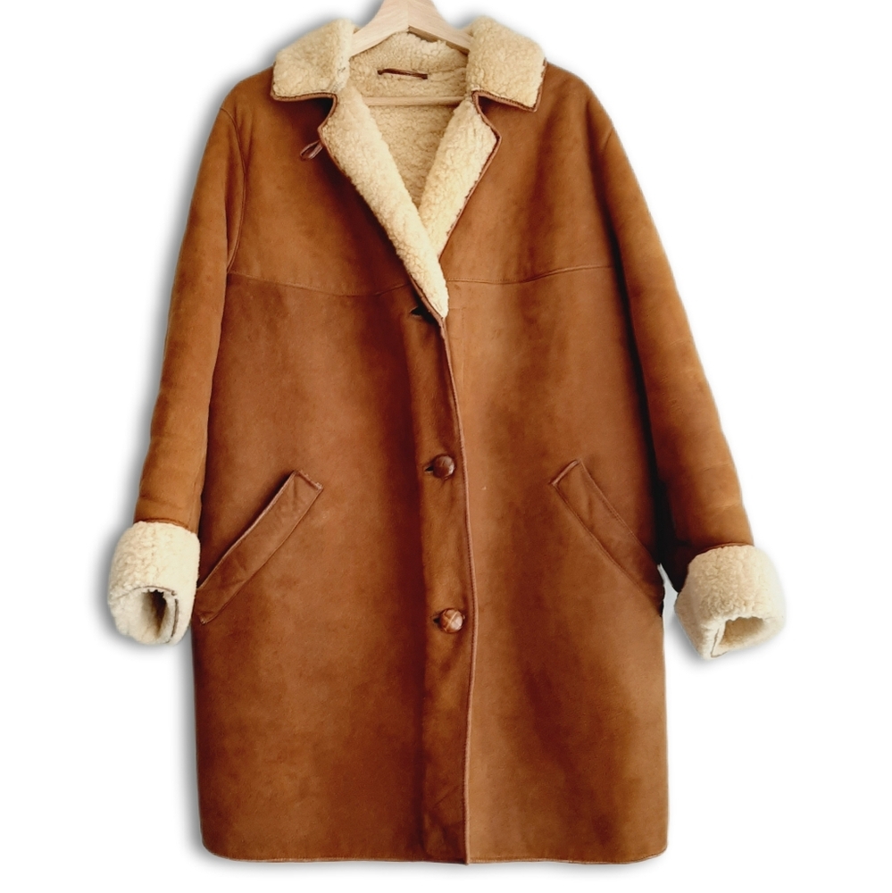 Vintage 100% Genuine Suede Leather Sheepskin Sherpa Fur Coat Winter Jacket Sz M